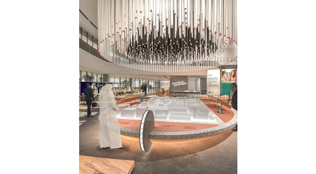 Our innovative concept for Sharjah's new neighbourhood, Aljada, designed by Zaha Hadid Architects, sales centre transcends the traditional focus on property transactions, evolving into a dynamic social hub that brings the community together. Design by Studio Königshausen.